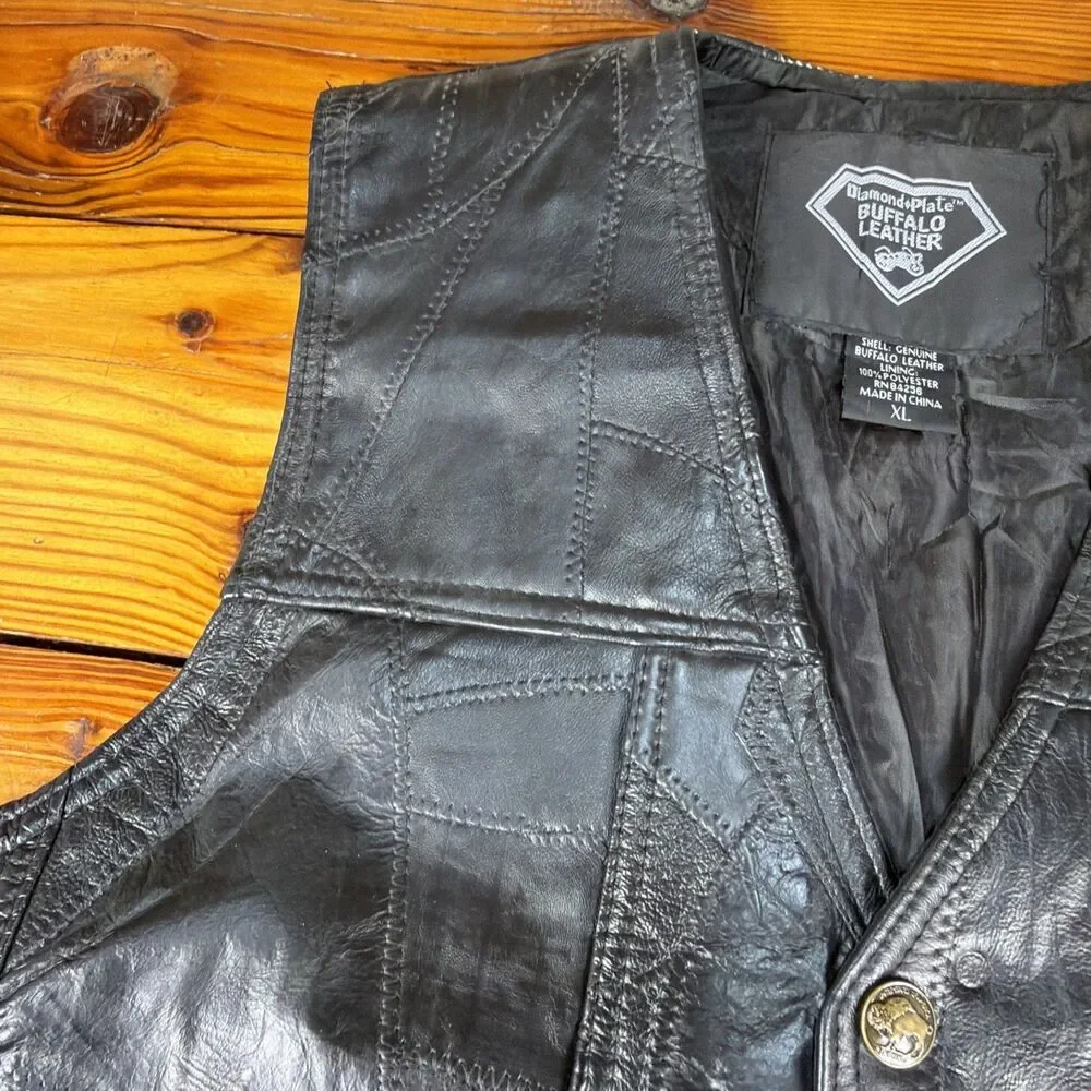 DIAMOND PLATE BUFFALO LEATHER BLACK BUTTON UP BIKER VEST WITH PATCHES XL